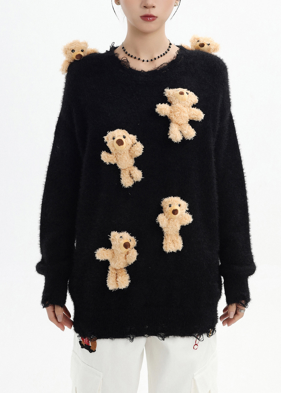 Stylish Black Oversized Cute Bear Ripped Knitted Tops Winter