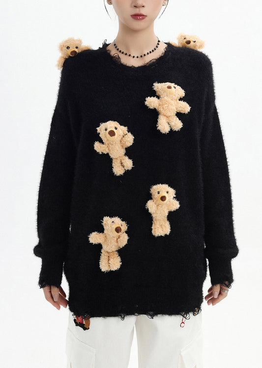 Stylish Black Oversized Cute Bear Ripped Knitted Tops Winter