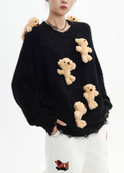Stylish Black Oversized Cute Bear Ripped Knitted Tops Winter