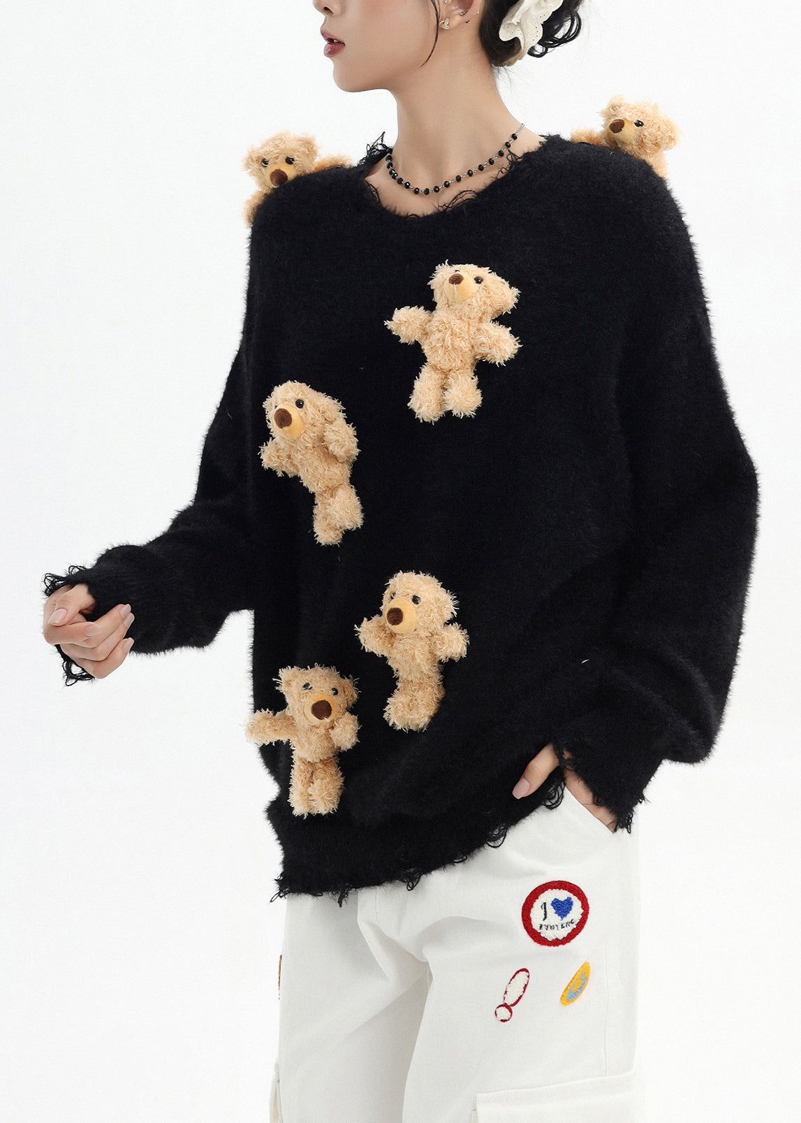 Stylish Black Oversized Cute Bear Ripped Knitted Tops Winter
