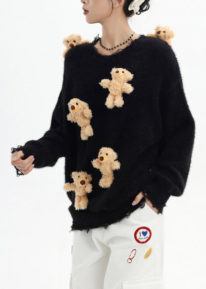 Stylish Black Oversized Cute Bear Ripped Knitted Tops Winter