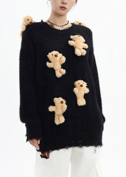 Stylish Black Oversized Cute Bear Ripped Knitted Tops Winter