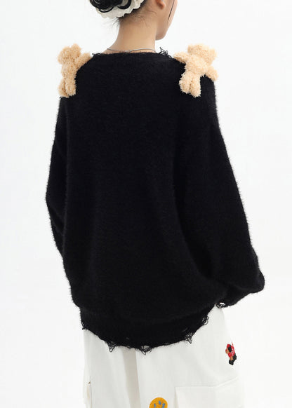 Stylish Black Oversized Cute Bear Ripped Knitted Tops Winter