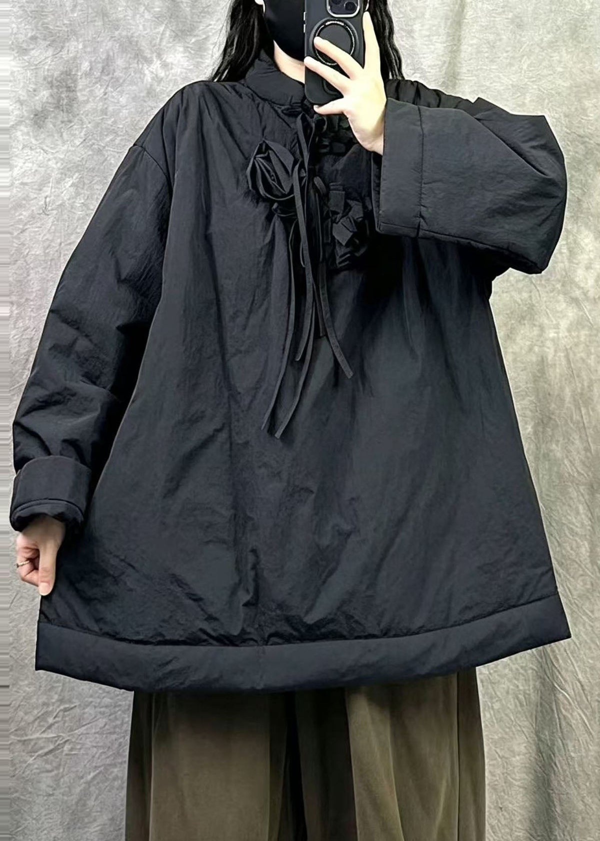 Stylish Black Oversized Floral Fine Cotton Filled Parka Jacket Winter