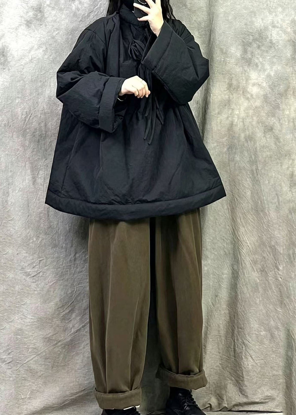Stylish Black Oversized Floral Fine Cotton Filled Parka Jacket Winter