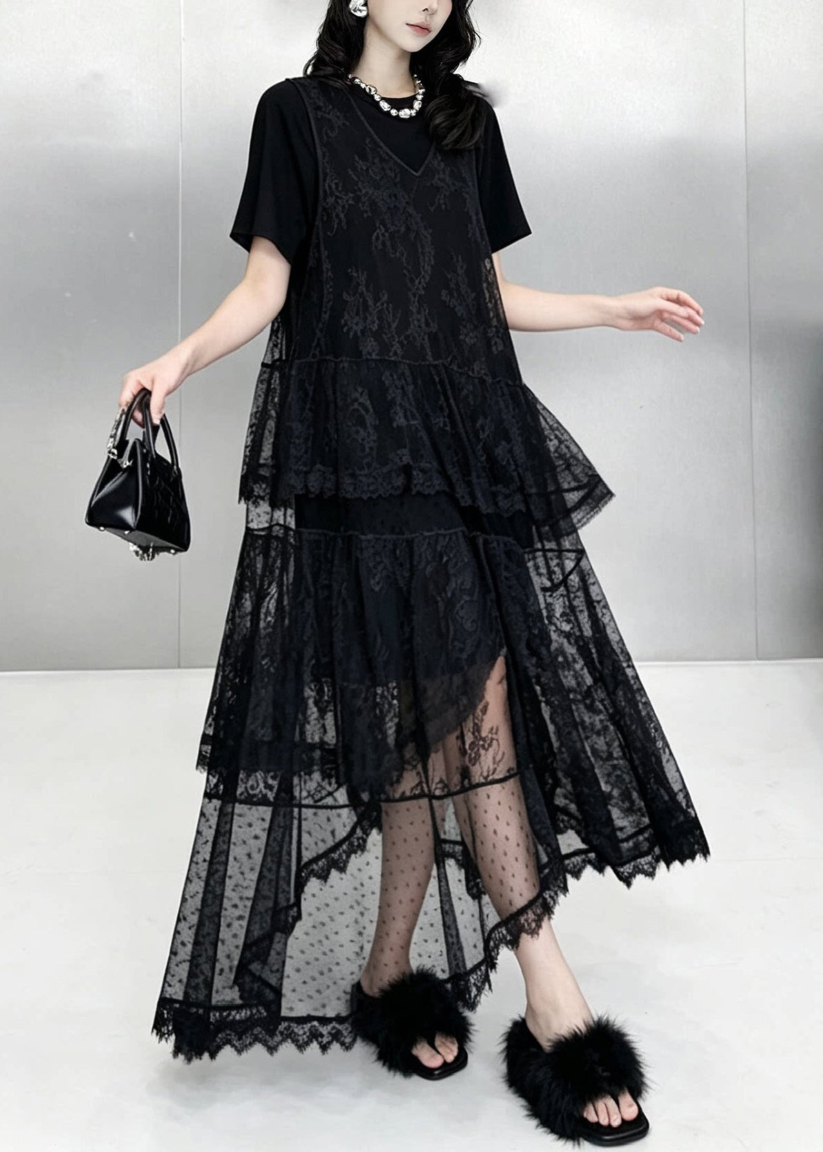 Stylish Black Oversized Lace Long Dress Two Piece Sets Summer