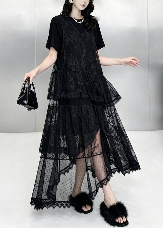 Stylish Black Oversized Lace Long Dress Two Piece Sets Summer