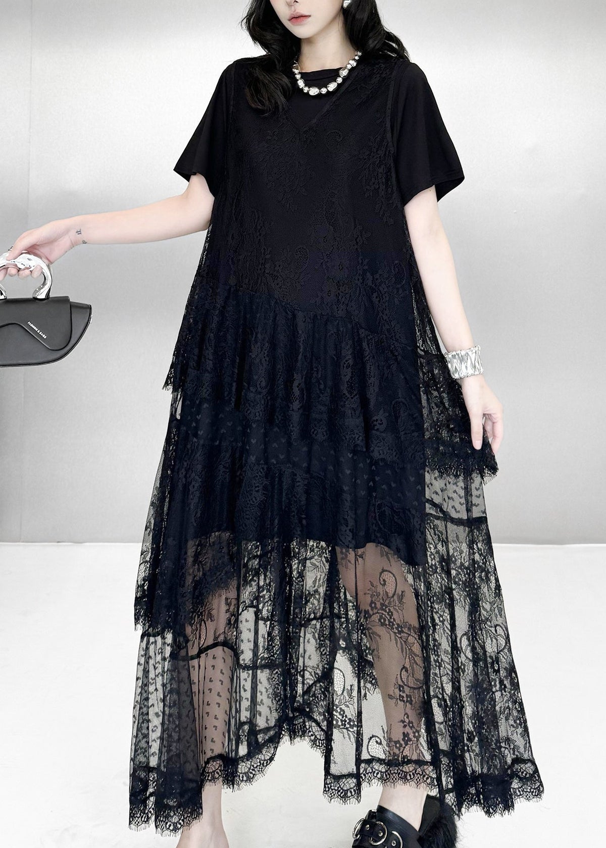 Stylish Black Oversized Lace Long Dress Two Piece Sets Summer
