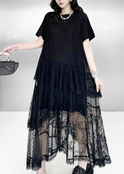 Stylish Black Oversized Lace Long Dress Two Piece Sets Summer