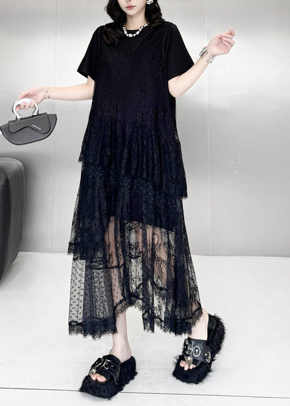Stylish Black Oversized Lace Long Dress Two Piece Sets Summer