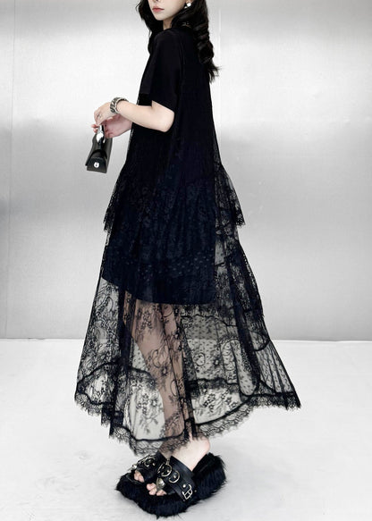 Stylish Black Oversized Lace Long Dress Two Piece Sets Summer