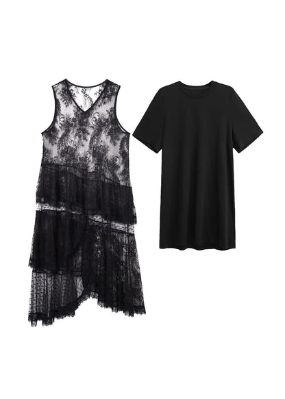 Stylish Black Oversized Lace Long Dress Two Piece Sets Summer
