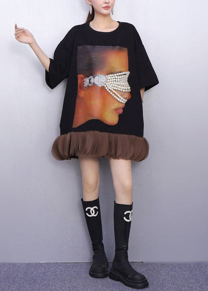 Stylish Black Oversized Patchwork Cotton Mid Dress Summer