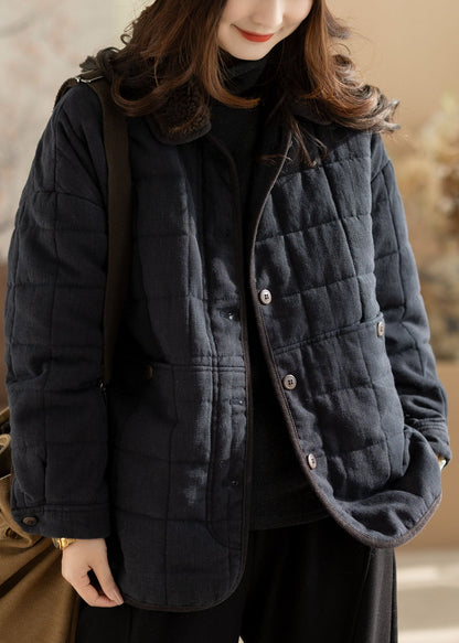 Stylish Black Oversized PocketsPlaid Fine Cotton Filled Coats Winter
