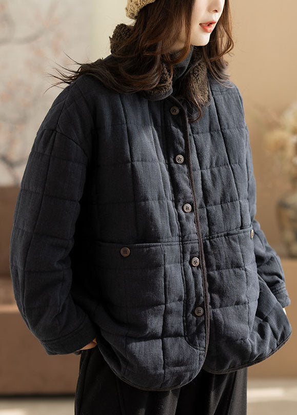 Stylish Black Oversized PocketsPlaid Fine Cotton Filled Coats Winter
