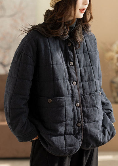 Stylish Black Oversized PocketsPlaid Fine Cotton Filled Coats Winter