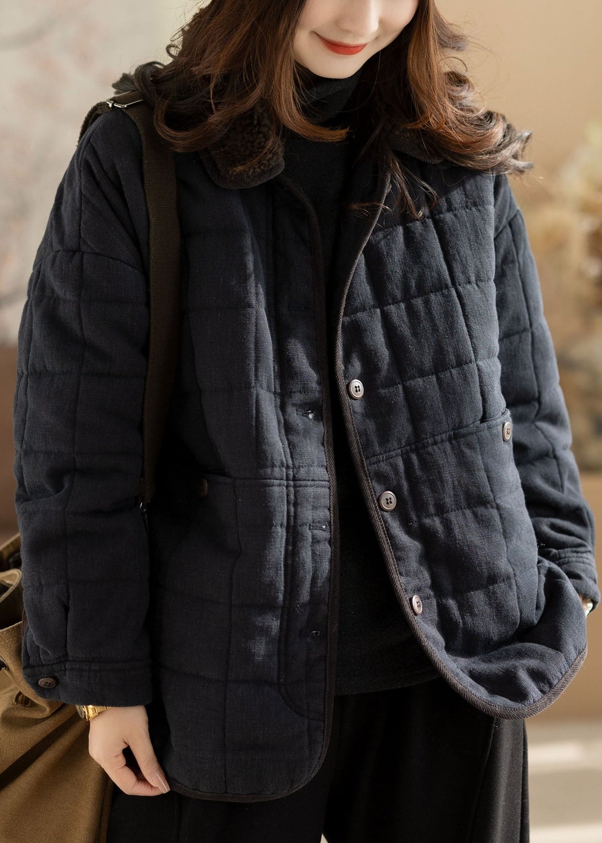 Stylish Black Oversized PocketsPlaid Fine Cotton Filled Coats Winter