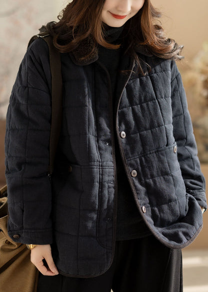 Stylish Black Oversized PocketsPlaid Fine Cotton Filled Coats Winter