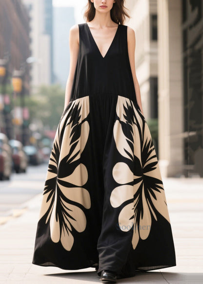 Stylish Black Oversized Print Chiffon Long Dresses Summer