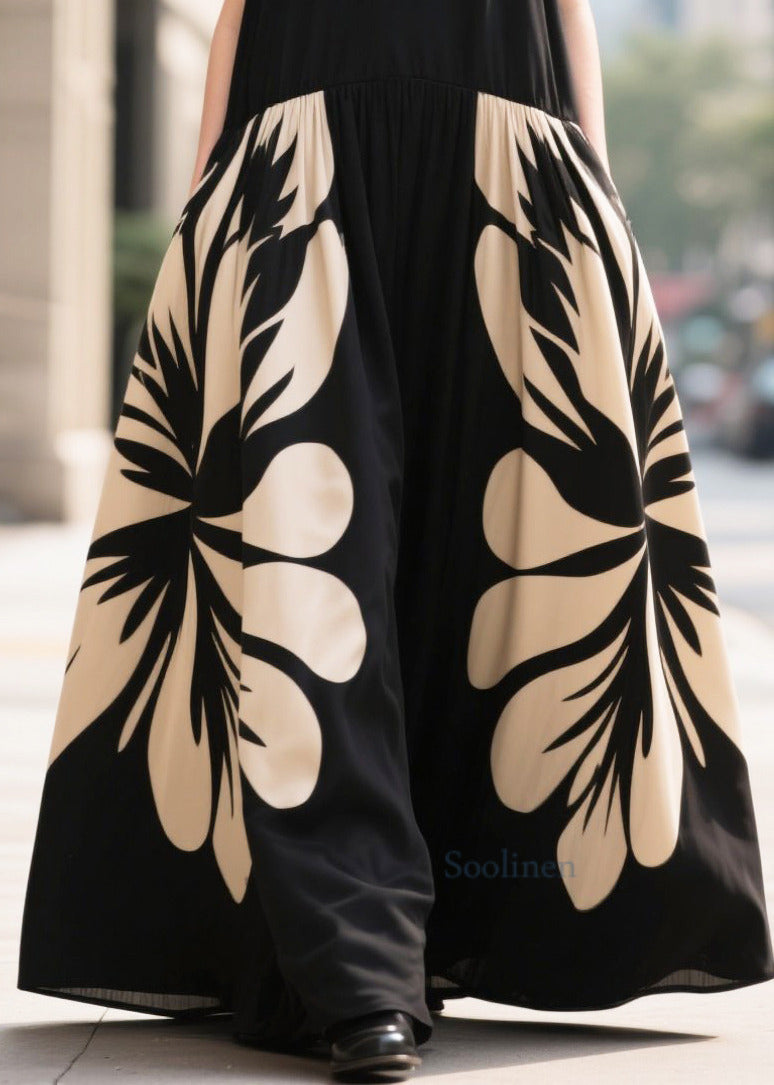 Stylish Black Oversized Print Chiffon Long Dresses Summer