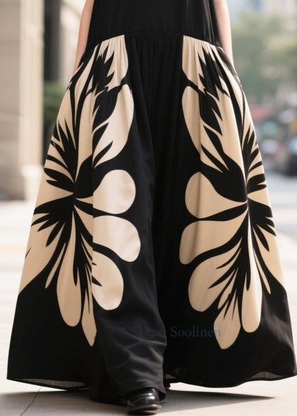 Stylish Black Oversized Print Chiffon Long Dresses Summer