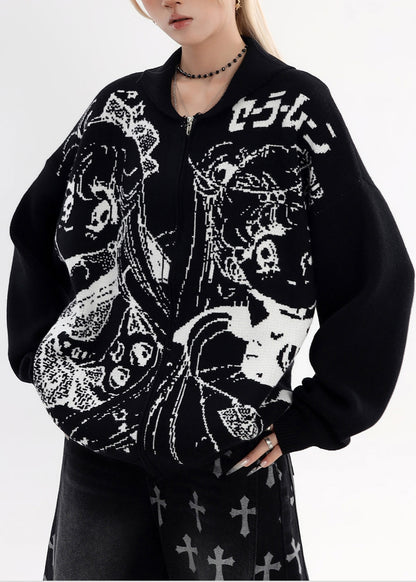 Stylish Black Oversized Print Knit Jackets Winter