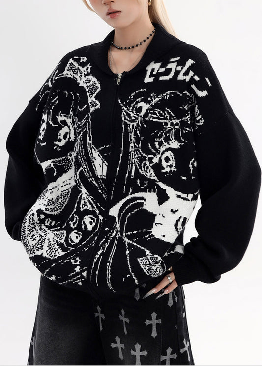 Stylish Black Oversized Print Knit Jackets Winter