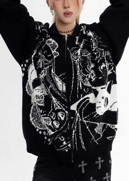 Stylish Black Oversized Print Knit Jackets Winter