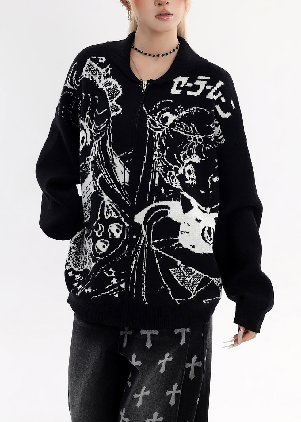 Stylish Black Oversized Print Knit Jackets Winter