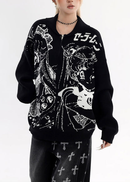 Stylish Black Oversized Print Knit Jackets Winter