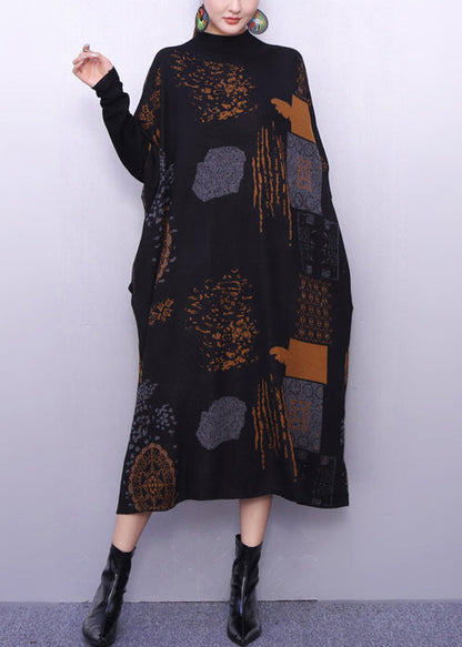 Stylish Black Oversized Print Knitted Dress Winter