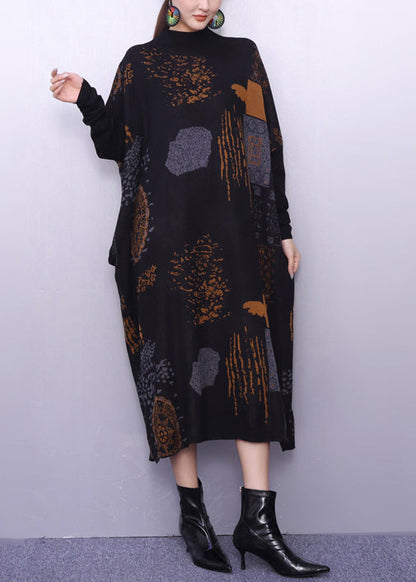 Stylish Black Oversized Print Knitted Dress Winter