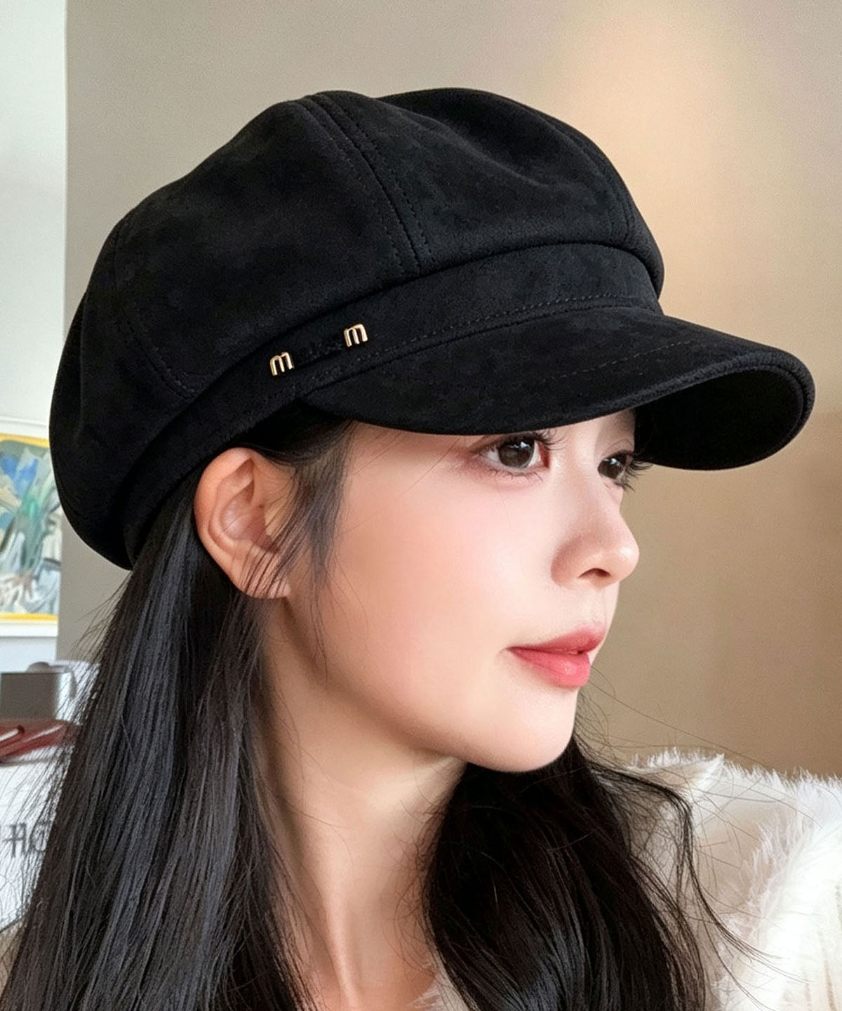 Stylish Black Patchwork Faux Suede Breton Hat