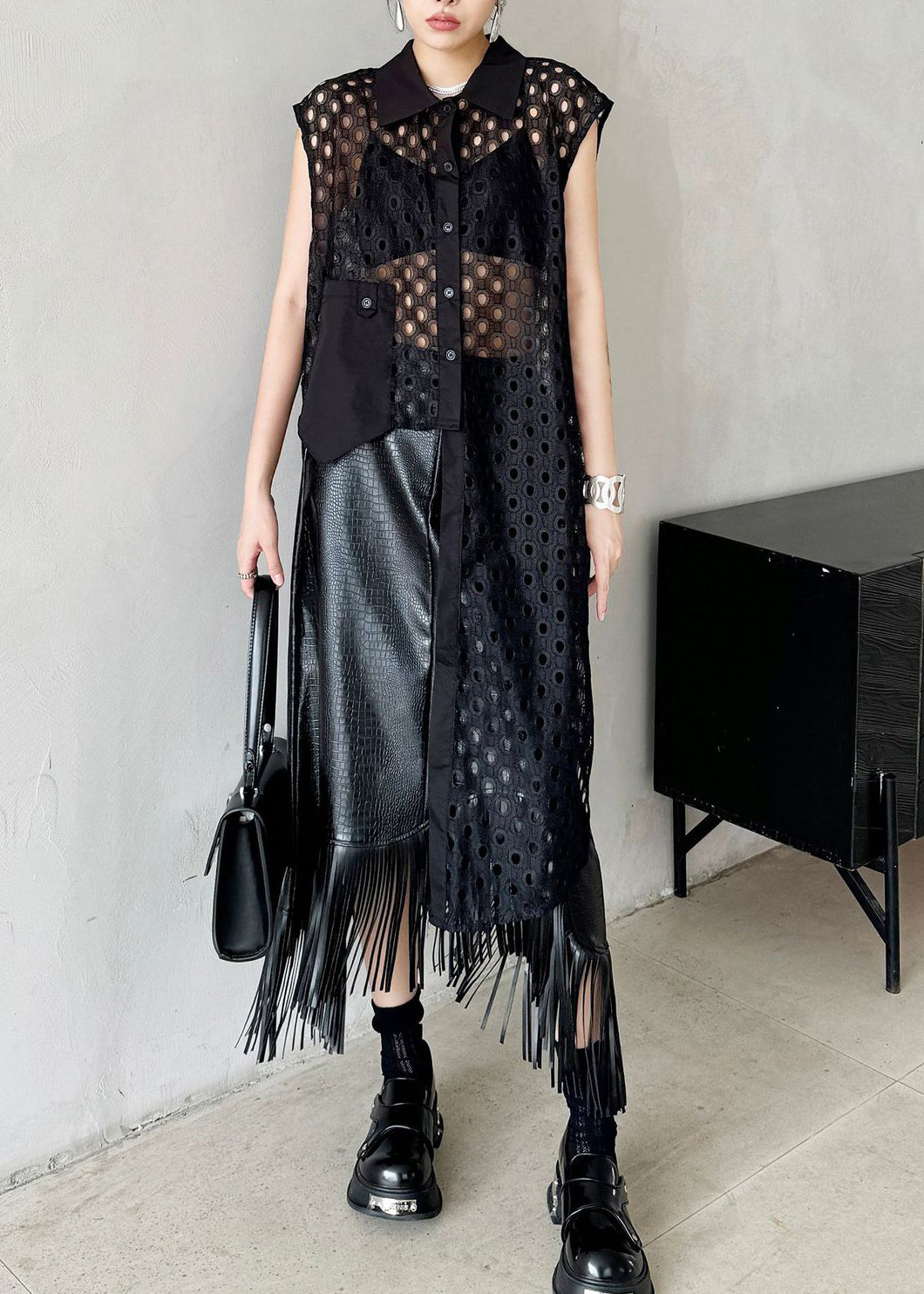 Stylish Black Peter Pan Collar Asymmetrical Hollow Out Cotton Shirts Summer