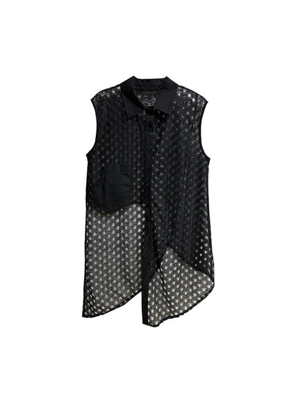 Stylish Black Peter Pan Collar Asymmetrical Hollow Out Cotton Shirts Summer