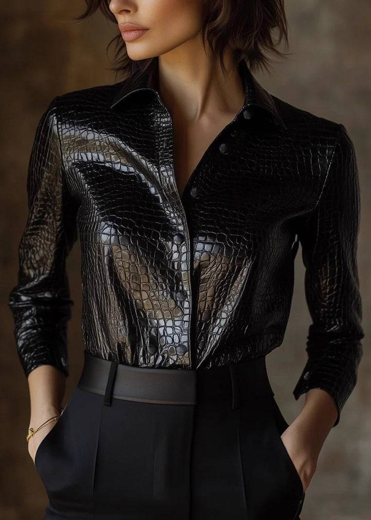 Stylish Black Peter Pan Collar Button Faux Leather Shirts Spring