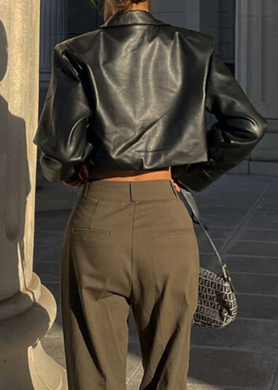 Stylish Black Peter Pan Collar Pockets Faux Leather Short Coat Fall