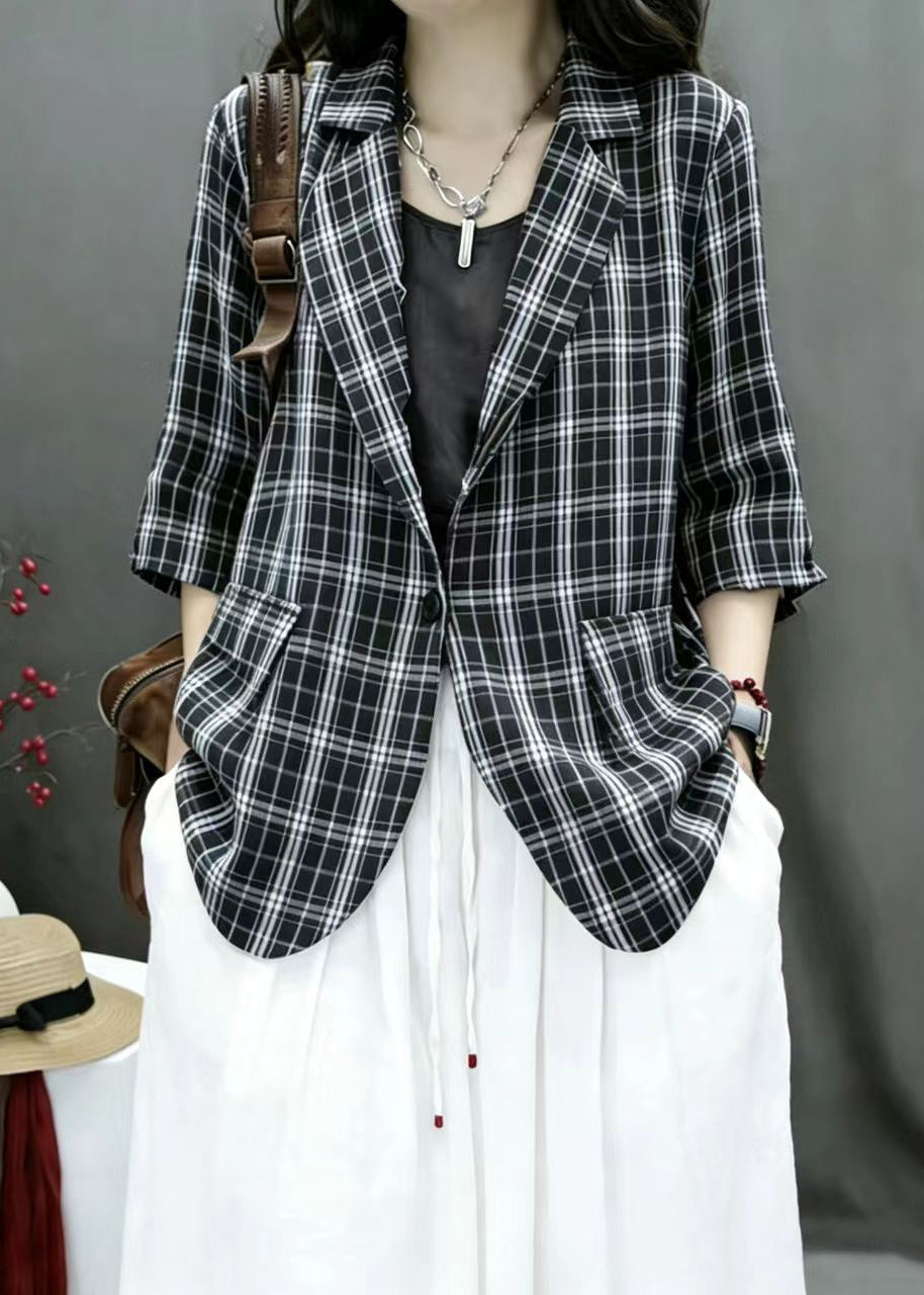 Stylish Black Plaid Notched Thin Jackets Bracelet Sleeve