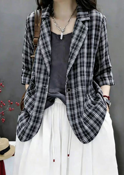 Stylish Black Plaid Notched Thin Jackets Bracelet Sleeve