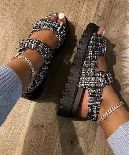 Stylish Black Plaid Splicing Platform Sandals Peep Toe
