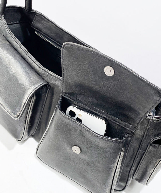 Stylish Black Pockets Durable Faux Leather Satchel Handbag