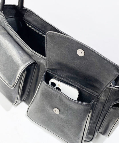 Stylish Black Pockets Durable Faux Leather Satchel Handbag
