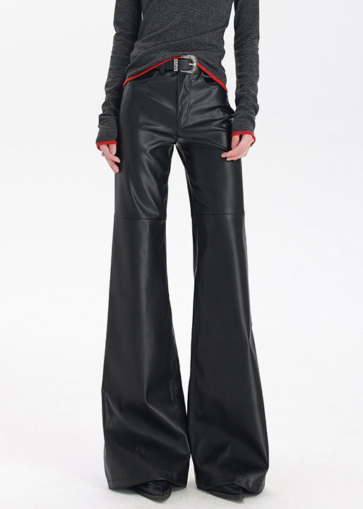 Stylish Black Pockets High Waist Faux Leather Flare Bottoms Spring