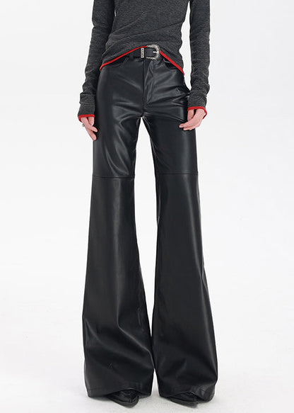 Stylish Black Pockets High Waist Faux Leather Flare Bottoms Spring