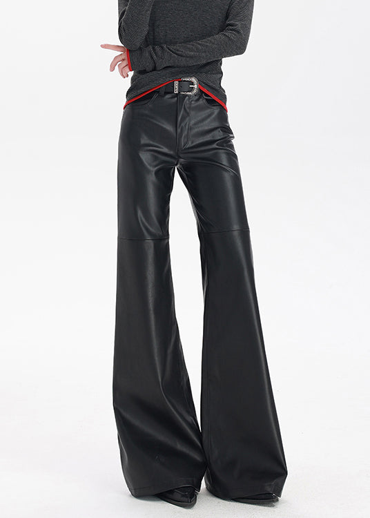 Stylish Black Pockets High Waist Faux Leather Flare Bottoms Spring