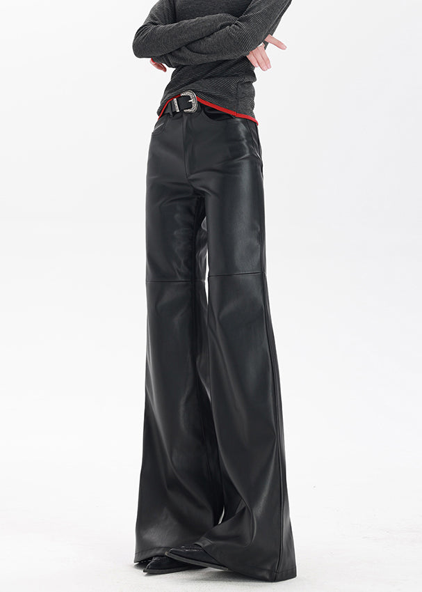 Stylish Black Pockets High Waist Faux Leather Flare Bottoms Spring