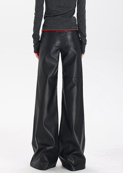 Stylish Black Pockets High Waist Faux Leather Flare Bottoms Spring