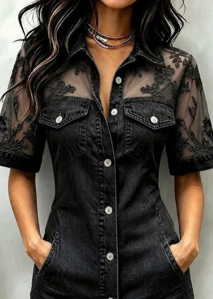 Stylish Black Pockets Patchwork Lace Mini Dress Summer