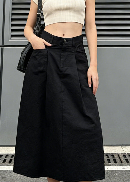 Stylish Black Pockets Wrinkled Denim Skirt Spring