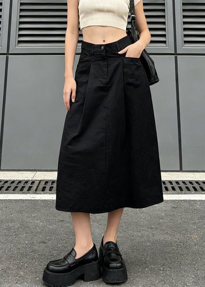 Stylish Black Pockets Wrinkled Denim Skirt Spring